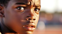Close up portrait of young African boy with intense gaze and natural lighting highlighting facial features against blurred background. Emotional expression captures innocence and strength.