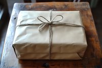 Eco-friendly package wrapped in brown kraft paper with rustic twine bow on vintage wooden table, perfect for sustainable gift giving.
