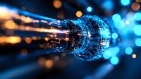 Futuristic digital tunnel with glowing blue and orange light particles streaming through technological corridor against dark background. For tech concepts.