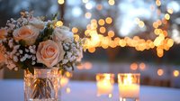 Romantic peach roses and baby's breath bouquet with glowing candles and soft bokeh lights creating dreamy atmosphere for wedding or celebration decor.