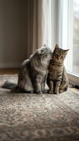 Two domestic cats sitting together on a patterned rug by a bright window, one gray tabby and one brown tabby showing affection and companionship indoors.