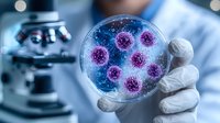 Scientist holding petri dish with purple virus cells in blue solution, microscope in background. Laboratory research of viral infection and disease study.