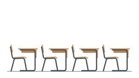 Isolated row of four modern school desks with attached chairs, featuring wooden tabletops and metal frames, suitable for educational materials and classroom design projects.