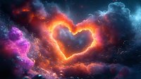 Glowing heart shape formed by lightning and storm clouds against dark sky with vibrant orange, pink and blue colors creating dramatic cosmic atmosphere.