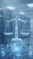 Glowing holographic scales of justice over a digital circuit board in a server room, symbolizing AI law, cyber regulation, and legal technology.