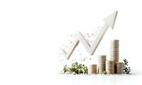 Growing stacks of silver coins with upward arrow and green leaves showing financial growth and sustainable investment returns on white background.