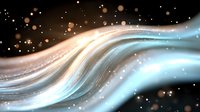 Abstract flowing waves of light in turquoise and gold colors with glowing particles and bokeh effects on dark background create magical ethereal atmosphere.