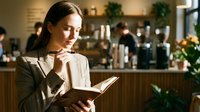 Young professional woman reading book in cozy coffee shop cafe interior with warm lighting and blurred background for lifestyle and education concepts.