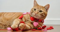 Ginger tabby cat wearing red harness surrounded by red and pink heart decorations on white background, isolated for Valentine's Day designs.
