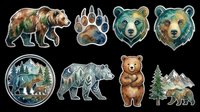 Watercolor bear sticker set isolated on transparent background, featuring grizzly, paw print, bear faces, forest scenes, ready for t-shirts, clipart, and print on demand.