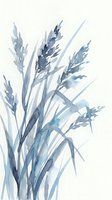 Watercolor painting of blue and gray wheat stalks with delicate brushstrokes on cream background, suitable for botanical art, home decor, and editorial design projects.