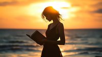 Young woman reading book at sunset by ocean, silhouette against golden sky with hair flowing in breeze, peaceful solitary moment on beach during magic hour.