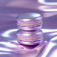 Delicate lavender macarons stacked on shimmering silk fabric with soft purple lighting and elegant shadows creating luxurious mood for food photography.
