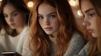 Young redhead woman with long wavy hair in cozy sweater looking at smartphone with warm bokeh lights background for social media and technology concepts.