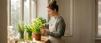 Young woman gardener tending to potted herbs on sunny windowsill in cozy kitchen interior, nurturing green plants for sustainable home cooking lifestyle.