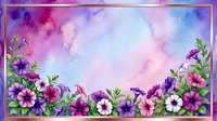 Watercolor pansy flower border frame with purple pink blooms on gradient background for spring garden design projects and floral decorative elements.