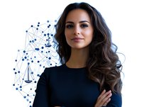 Young Caucasian businesswoman with long dark wavy hair and confident smile, wearing black top against white background with blue network pattern and sailing boat icons.