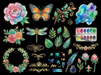 Watercolor floral clipart set with butterfly, dragonfly, roses, leaves, feather, and decorative elements, isolated on transparent background, ready for stickers, sublimation, and t-shirt design.