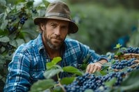 Bearded farmer in plaid shirt and hat harvesting fresh organic blueberries from bush. Natural farming and local agriculture concept captured in soft evening light.