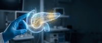 Medical professional examining holographic pancreas organ with glowing digital overlay in modern healthcare laboratory for diagnostic analysis and treatment planning.