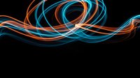 Dynamic flowing light trails in vibrant blue and orange colors creating elegant curved patterns against black background for modern digital design projects.