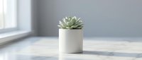 Small green succulent plant in white ceramic pot on marble surface near window with natural light for home decor and interior design projects.