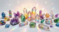 Collection of colorful crystal gemstones and minerals with rainbow light reflections on white background for healing, meditation and jewelry design.
