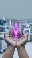 Hands holding glowing pink holographic human figure in modern medical facility representing digital health technology and futuristic healthcare innovation.