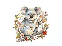 Cute koala sitting on flowering branch with colorful blossoms and foliage, isolated on white background for children's designs, nursery decor, apparel and stickers.