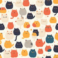 Seamless pattern with cute round cats in orange, navy blue, and gray on cream background. Repeatable childish print for fabric and wrapping paper designs.