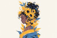 African American woman in profile with sunflowers adorning her curly hair, wearing gold jewelry and blue clothing against cream background. Artistic portrait style.