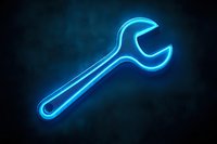 Glowing blue neon wrench silhouette against dark textured background, symbolizing repair services or mechanical maintenance.
