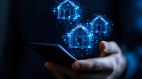 Digital smart home technology concept with glowing house icons floating above smartphone screen in dark blue ambient lighting, modern lifestyle automation.