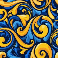 Swirling yellow and blue abstract floral pattern with curved elements creates seamless repeat design for fabric, wallpaper and surface pattern projects.
