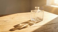 Empty square glass perfume bottle with stopper on wooden surface casting shadow in sunlight, suitable for fragrance product mockups and cosmetic branding.