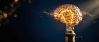 Glowing brain-shaped lightbulb with electrical circuits symbolizing innovation, creativity and bright ideas for business presentations and educational content.