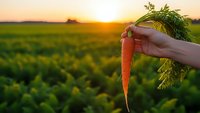 Hand holding fresh organic carrot with green tops against sunset farm field background. Harvest time concept for healthy eating and sustainable agriculture.