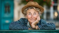 Cheerful senior Caucasian woman in straw hat resting chin on hands at outdoor cafe table, smiling warmly with twinkling eyes in urban setting.
