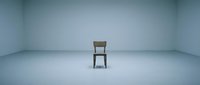 Wooden chair with black legs isolated in empty minimalist room with blue-gray walls and floor, suitable for interior design, furniture catalogs, and conceptual projects.