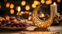 Glowing decorative crescent moon lantern with traditional dates and nuts on wooden table against warm bokeh lights, creating Ramadan festive atmosphere.
