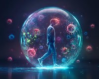 Man walking inside protective bubble shield surrounded by virus particles, glowing neon effect on dark background with water reflection. Medical concept.