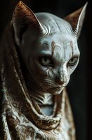 Mystical cat-like creature with alien features wrapped in textured fabric against dark background, dramatic lighting highlights ethereal details and glowing eyes.
