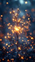 Magical glowing tree branch with golden bokeh lights against dark blue background, creating ethereal atmosphere with floating light particles and sparkles.