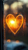Heart shape drawn on foggy window with warm glowing sunset light shining through, water drops on glass create romantic atmospheric mood for valentines designs.