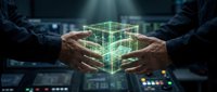 Businessman hands protecting glowing green holographic cube in futuristic control room with digital interfaces and advanced technology systems.