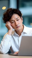 Asian businessman looking tired and frustrated while working on laptop, head resting on hand, wearing white shirt in office environment.