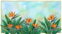 Watercolor tropical border with vibrant bird of paradise flowers and lush green leaves on a soft teal background, framed with gold.