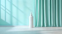 White cosmetic bottle standing on wooden floor against turquoise wall with window shadow and mint curtain, minimalist style product photography setup.