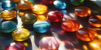 Colorful translucent pills and medicine capsules scattered on dark surface with dramatic lighting creating vibrant shadows and reflections, macro pharmaceutical photography.