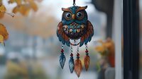 Colorful owl dreamcatcher with feathers hanging outdoors in autumn setting. Handcrafted bohemian decoration for spiritual protection and peaceful sleep.